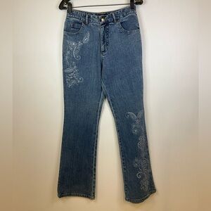 IOS Jeans Women’s 6 Blue Y2K Bootcut Embroidered Embellished Silver 5 Pocket Zip